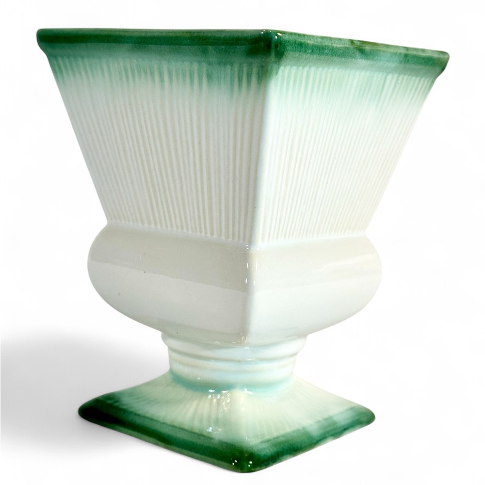 Hull Regal Green and White Ceramic Square Footed Pedestal Vase/Planter #302 USA